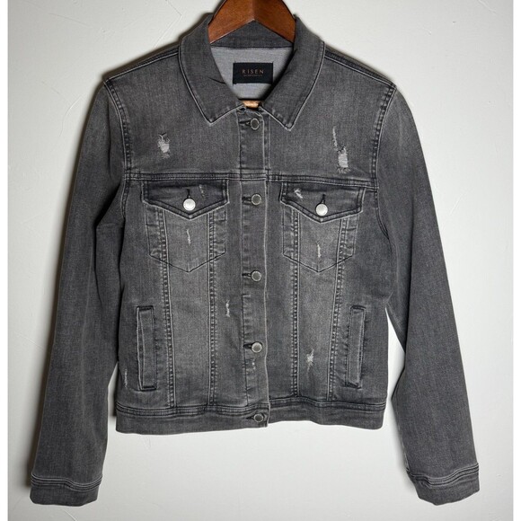 Risen Black Washed Jean Jacket Women's Size Medium Distressed - Picture 1 of 12